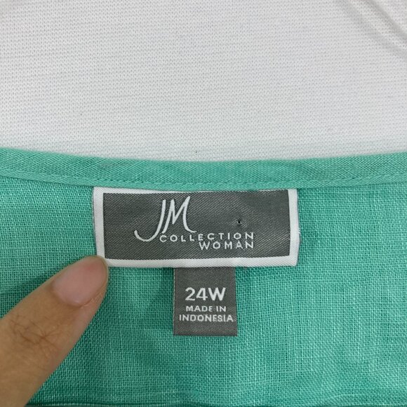 New JM Collection size 24W Green Split Neck Rolled Sleeve Pure Linen Button Down - Picture 2 of 8